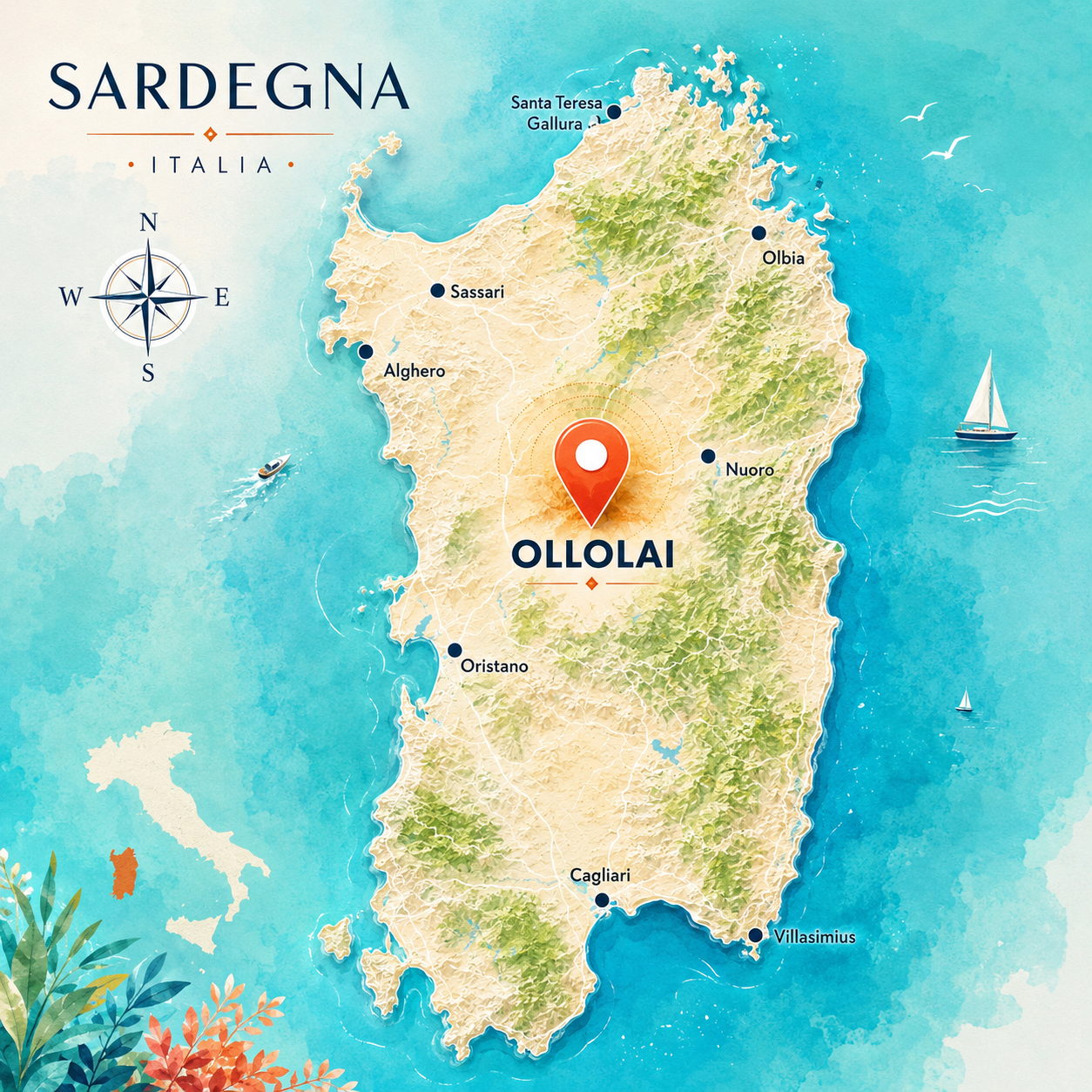 Cartina Sardegna con pin su ollolai